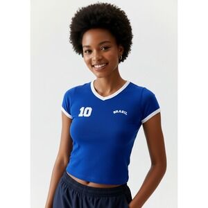 Urban Outfitters Ringer Baby Tee Womens M Blue Brasil 10 Soccer Streetwear Y2K‎